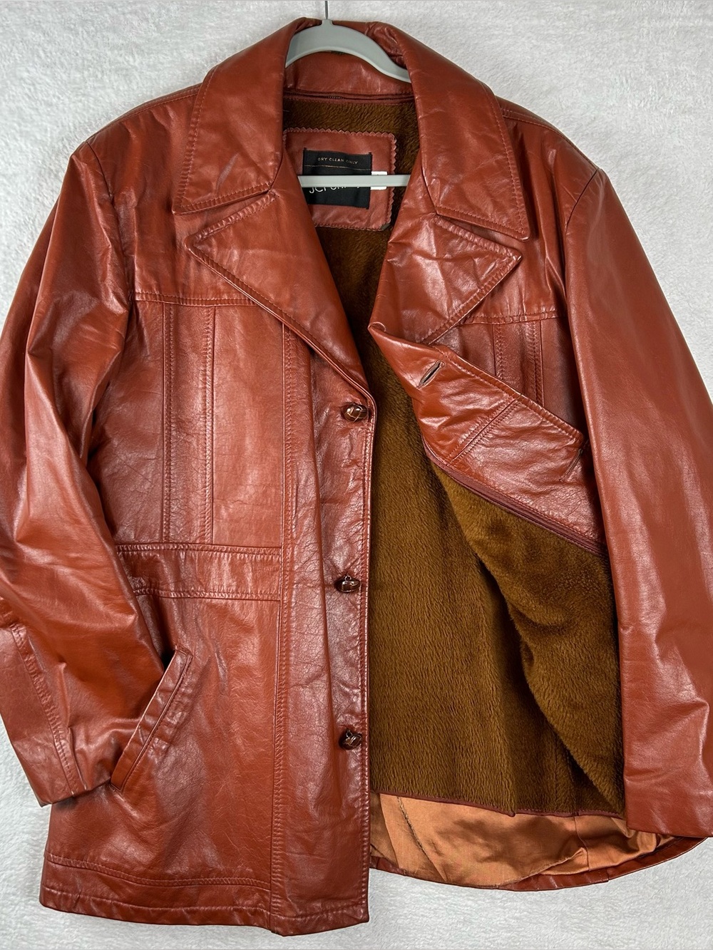 VTG JC Penny Mens Brown Leather Jacket size 44 Faux Fur Liner 70s Car Coat Retro